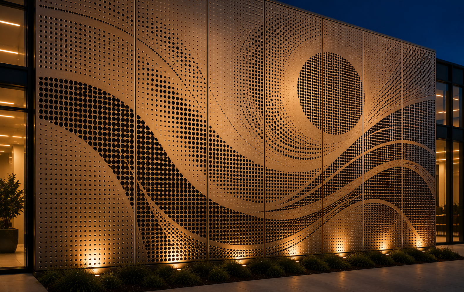 Decorative perforated wall lit at night with flowing wave patterns and a circular accent, framed by ground lights