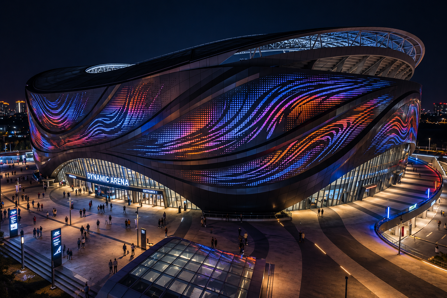 Futuristic building at night with glowing purple-blue LED patterns and a curved, organic facade