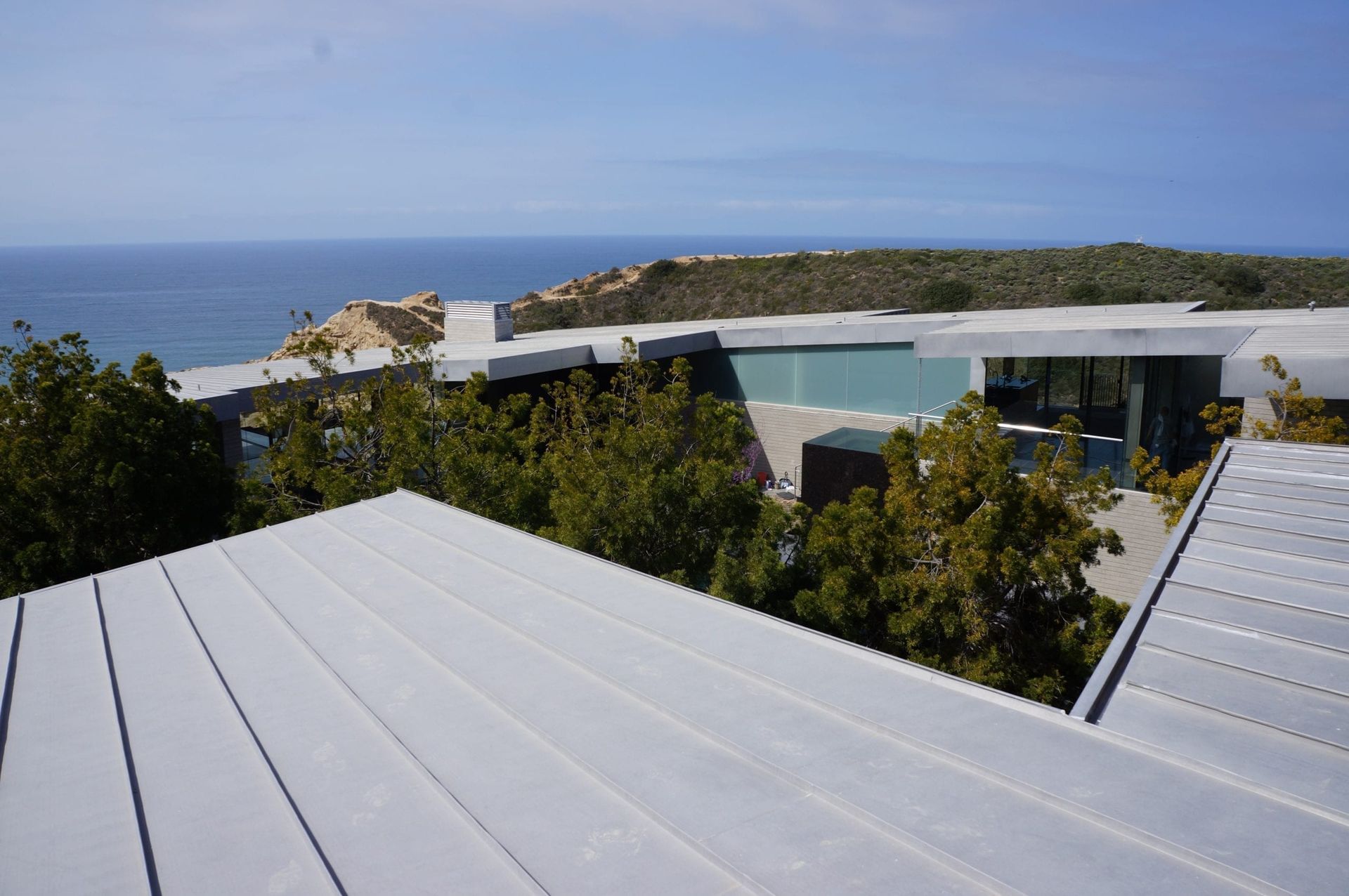 Modern seaside resort with white roofs, palm trees, and ocean view