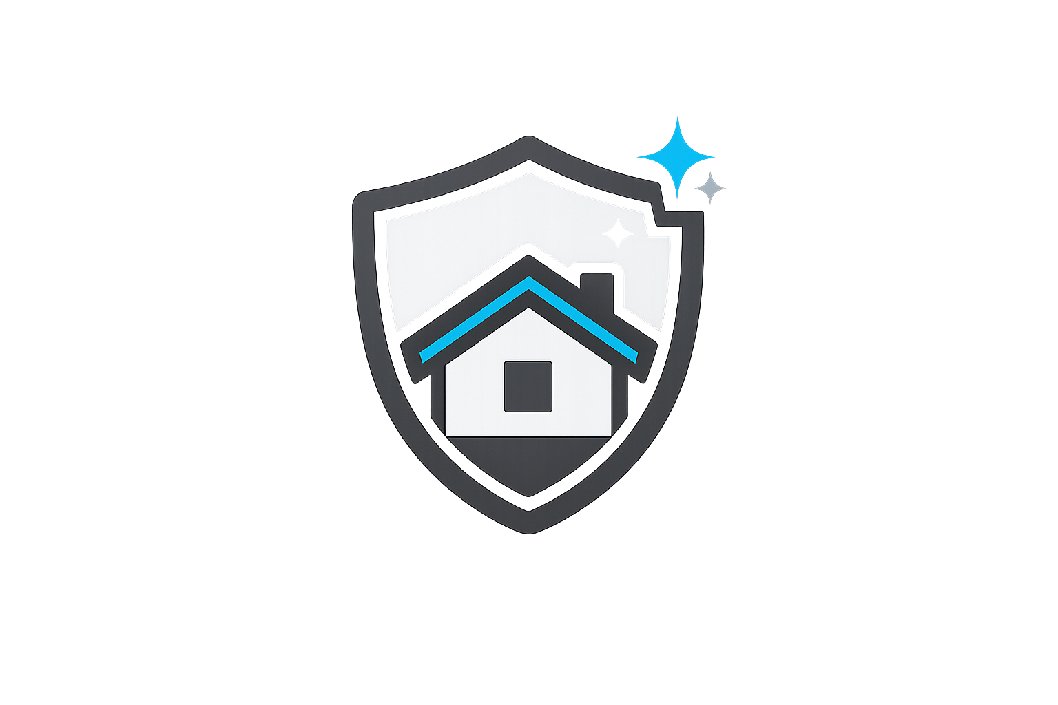 Shield icon with a house and blue sparkle, symbolizing home security