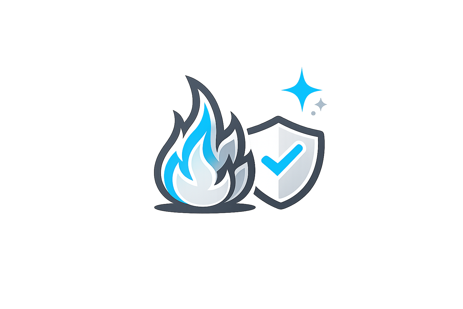 Blue flame beside a shield with a checkmark and sparkles, symbolizing fire protection and security