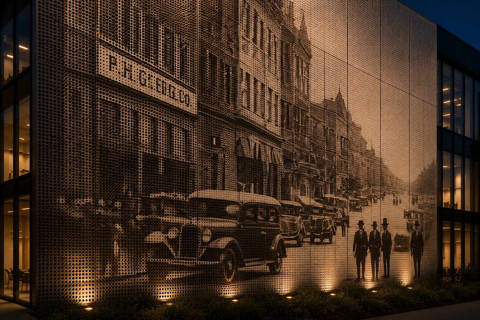 Sepia mural of a busy city street with vintage cars, tall buildings, and pedestrians at night