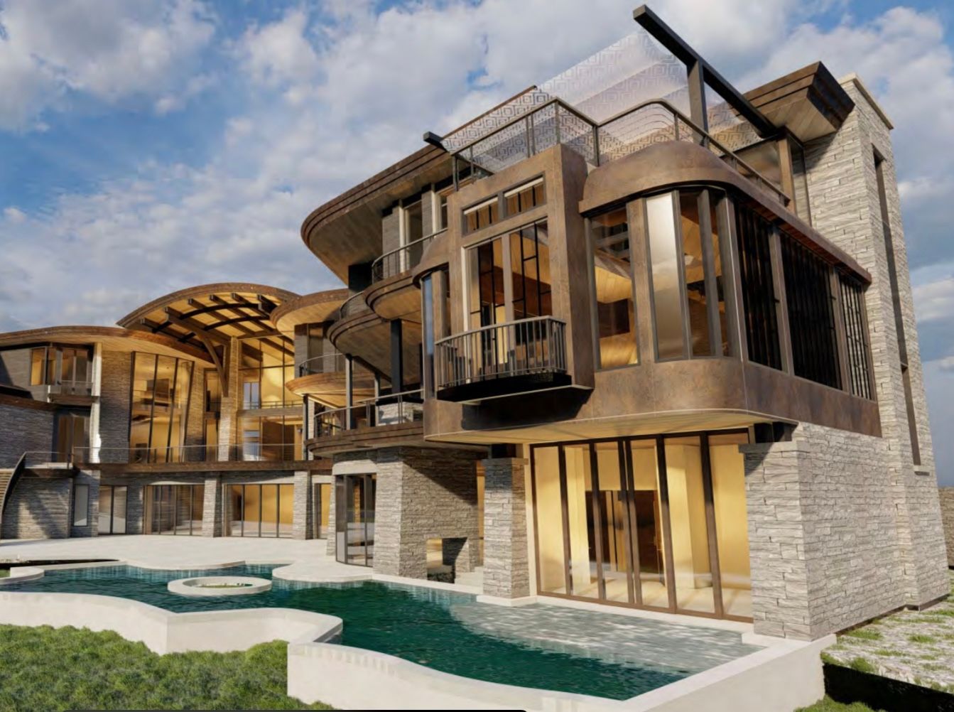 Modern luxury house with stone, wood, glass, and a curved pool under a cloudy sky