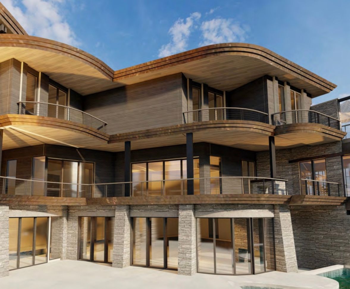 Modern multi-story wooden house with curved rooflines and large windows under a blue sky