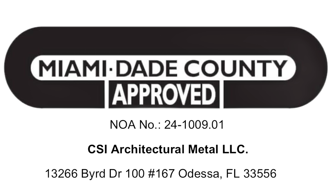 Miami-Dade County approved label for CSI Architectural Metal LLC, with permit number and Odessa, FL address
