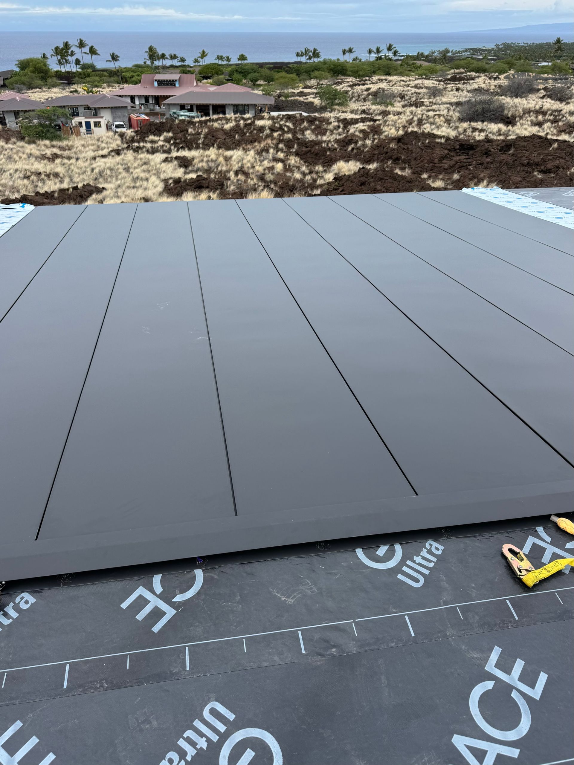 Solar panels on a rooftop with ocean and palm trees in the background.