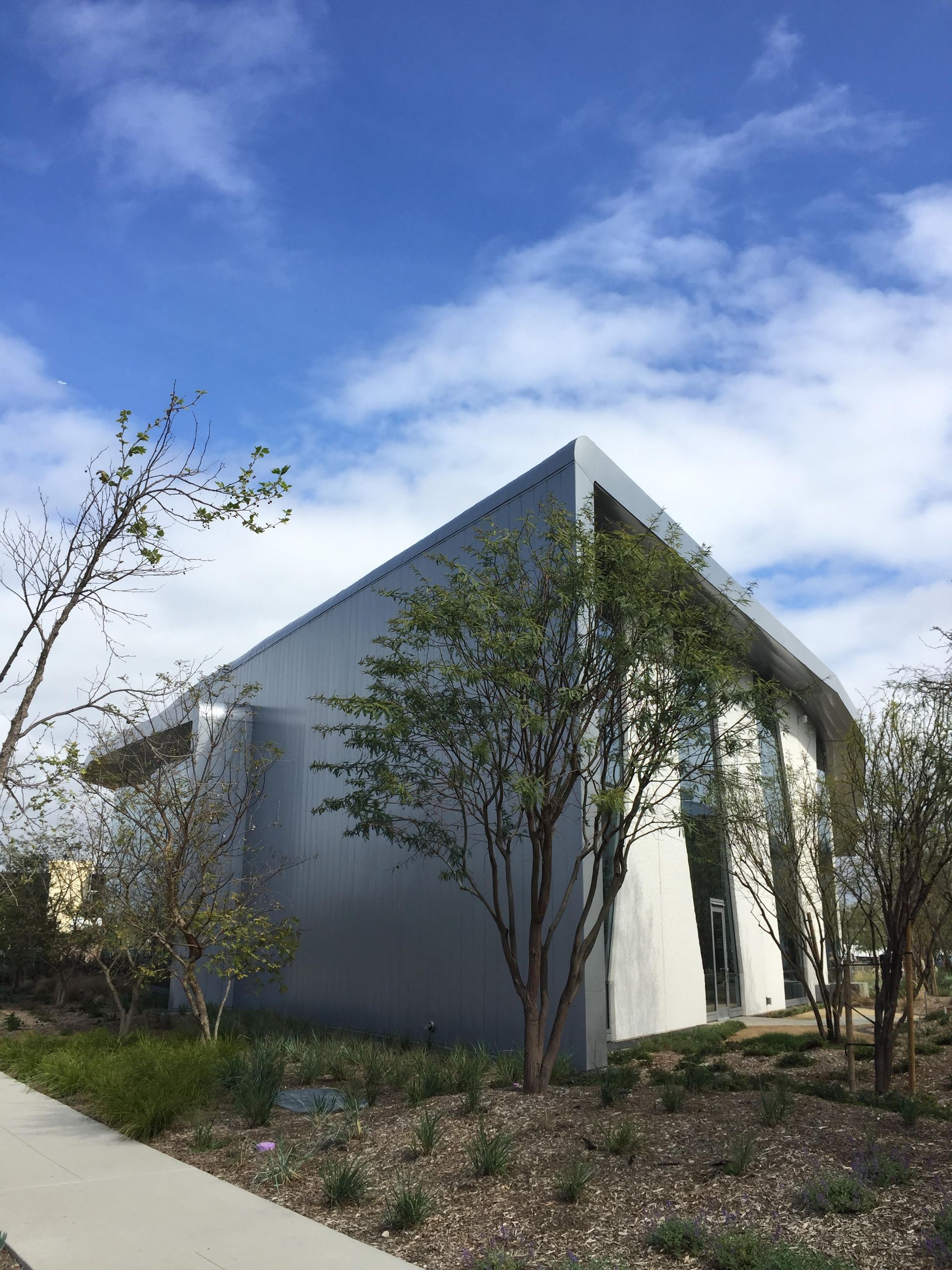 Modern white building with trees and a sidewalk under a blue sky