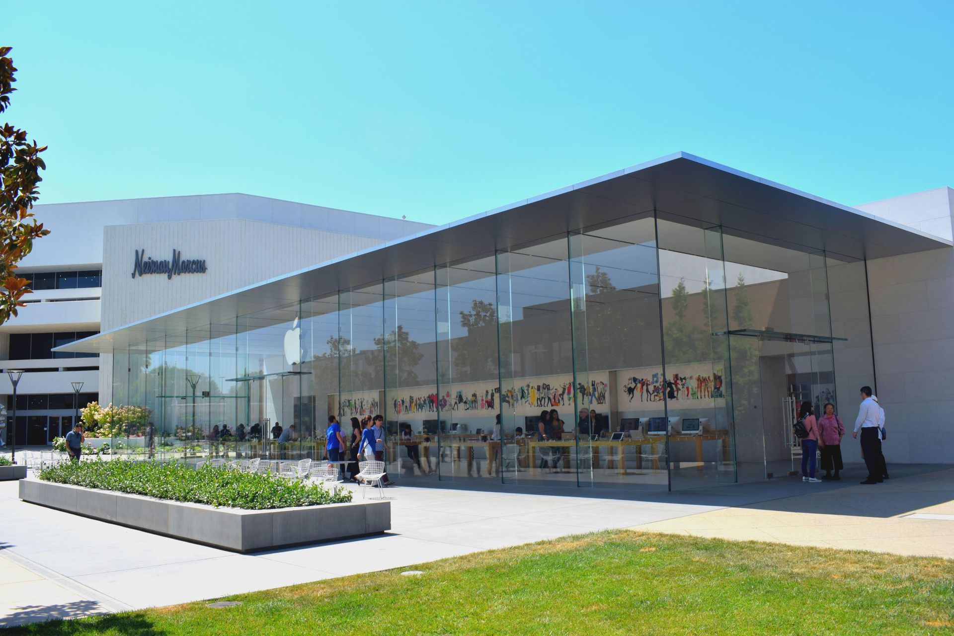 Modern glass storefront with people outside and a landscaped planter in front