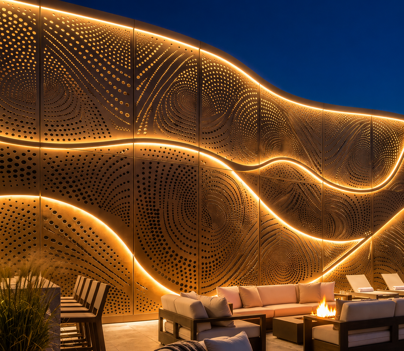 Illuminated modern lounge with wavy gold wall panels and outdoor seating at night