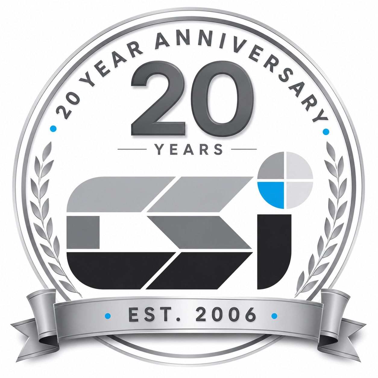 20-year anniversary logo with silver laurel wreath, bold 20, and EST. 2006 ribbon