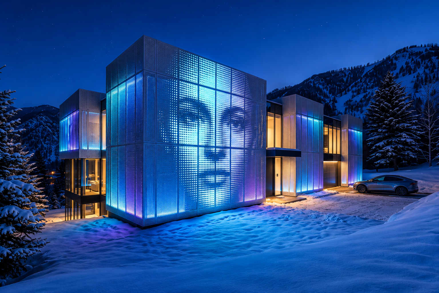 Modern glass house glowing blue at dusk in a snowy mountain setting