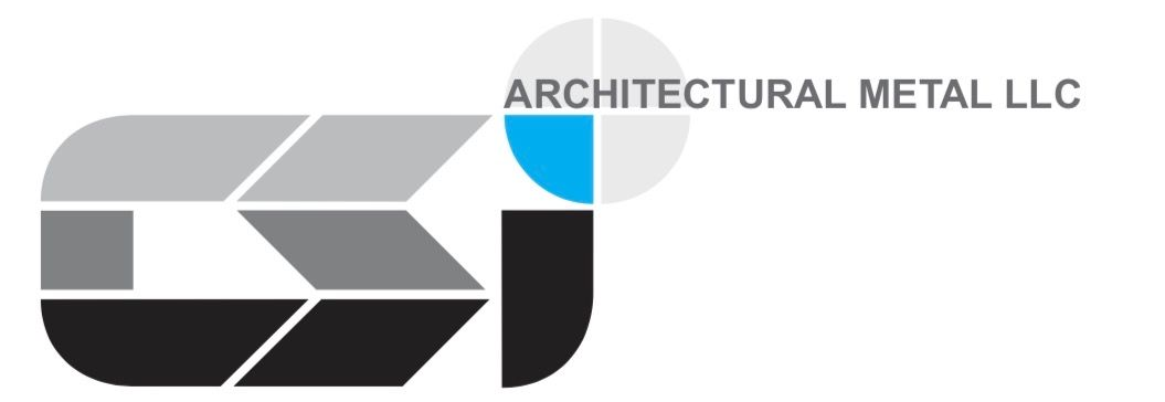 Architectural Metal LLC logo in gray and black with a blue accent