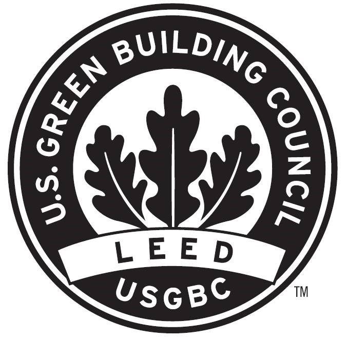 USGBC LEED logo: black-and-white circular seal with leaf and ribbon emblem