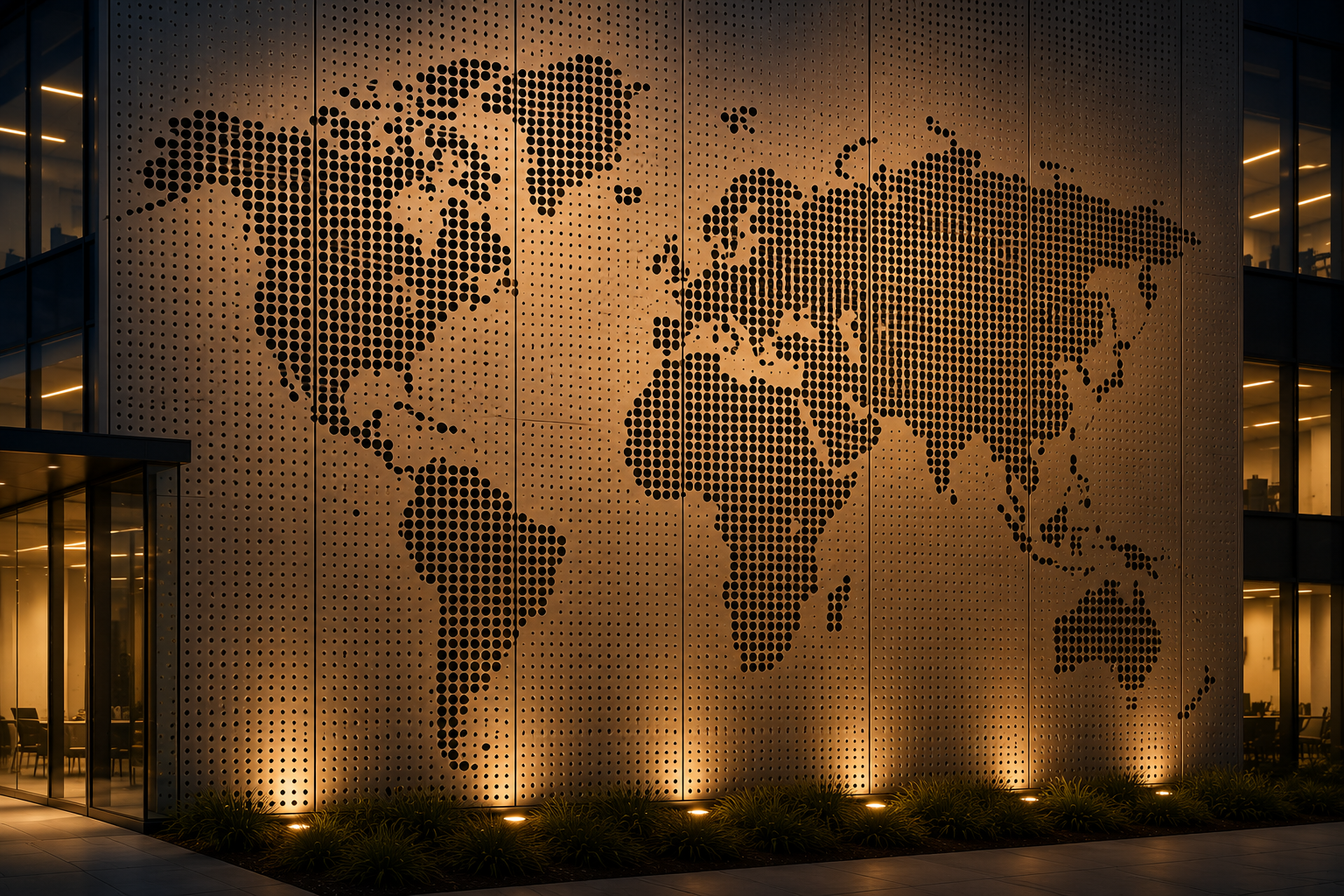 Illuminated world map mural on a wall at night, lit by warm spotlights