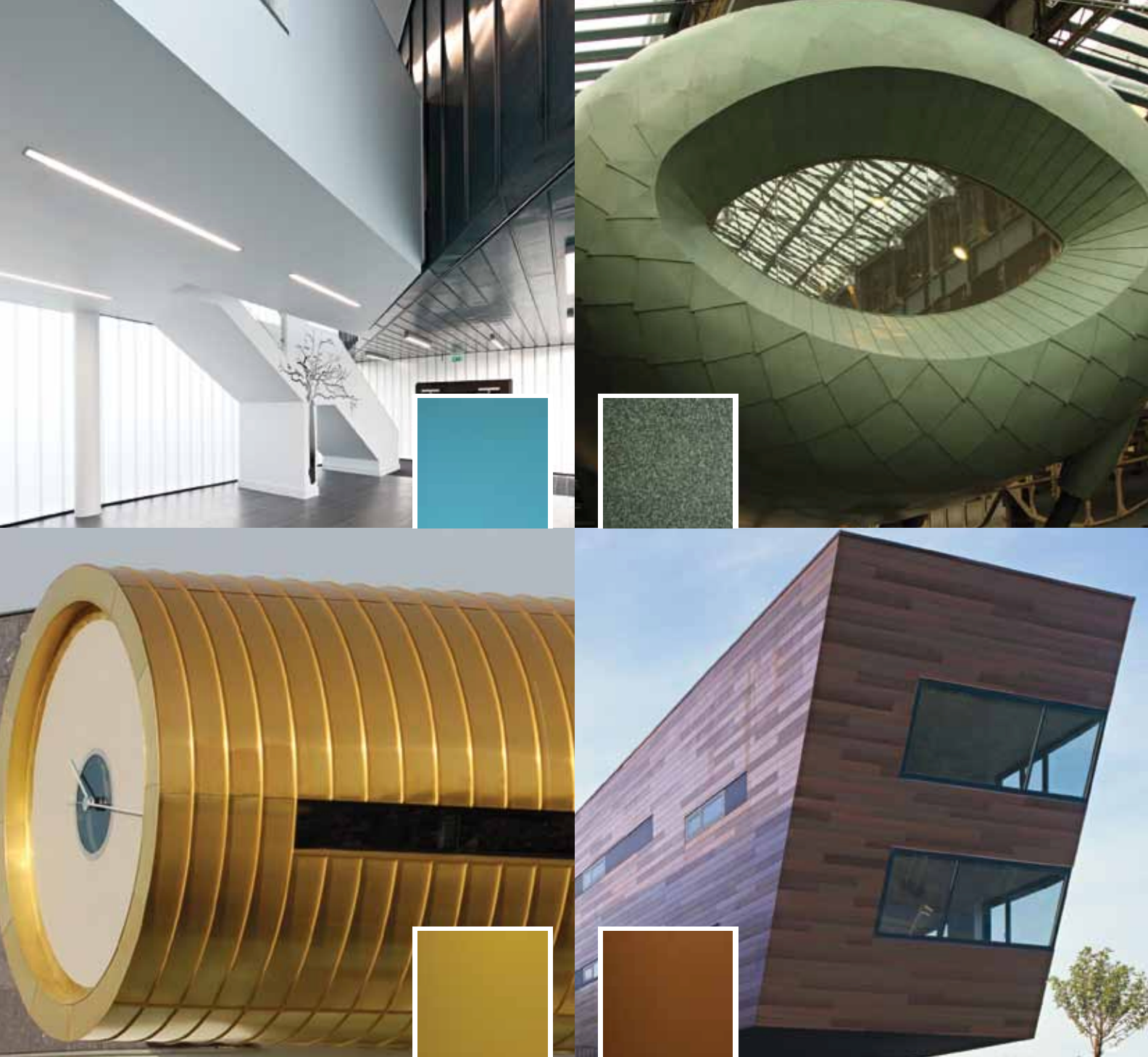 Modern architectural collage of four buildings in white, green, gold, and wood tones