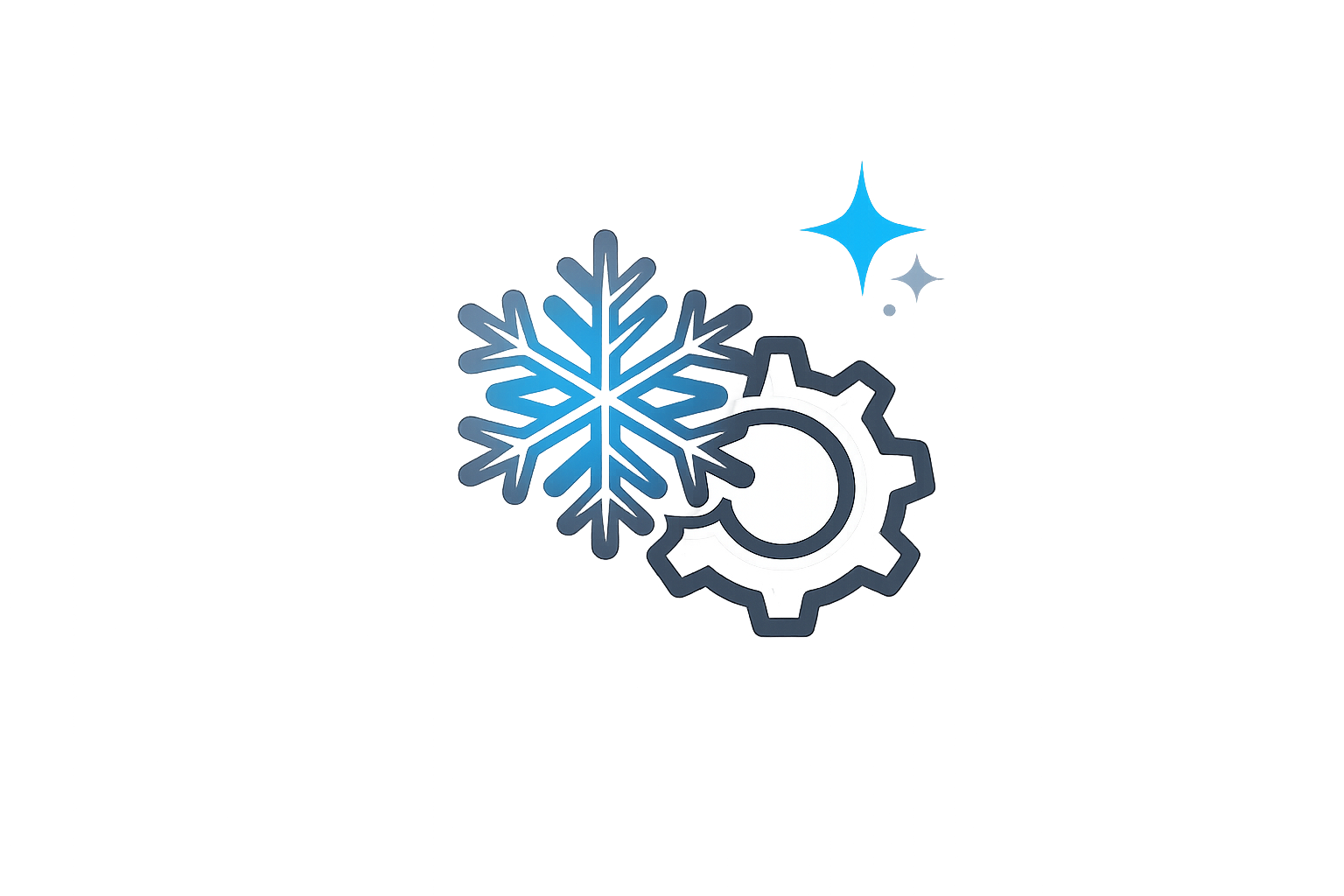 Blue snowflake beside a gray gear with a sparkle icon on a white background
