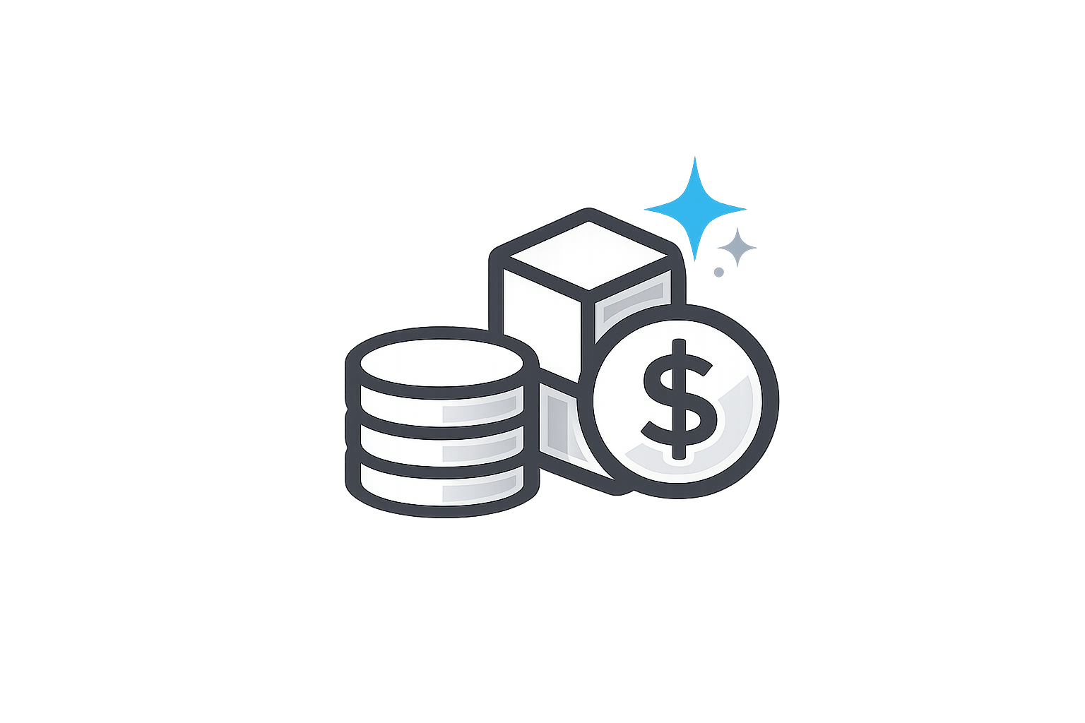 Stack of coins, cube, and dollar symbol with blue sparkle icon