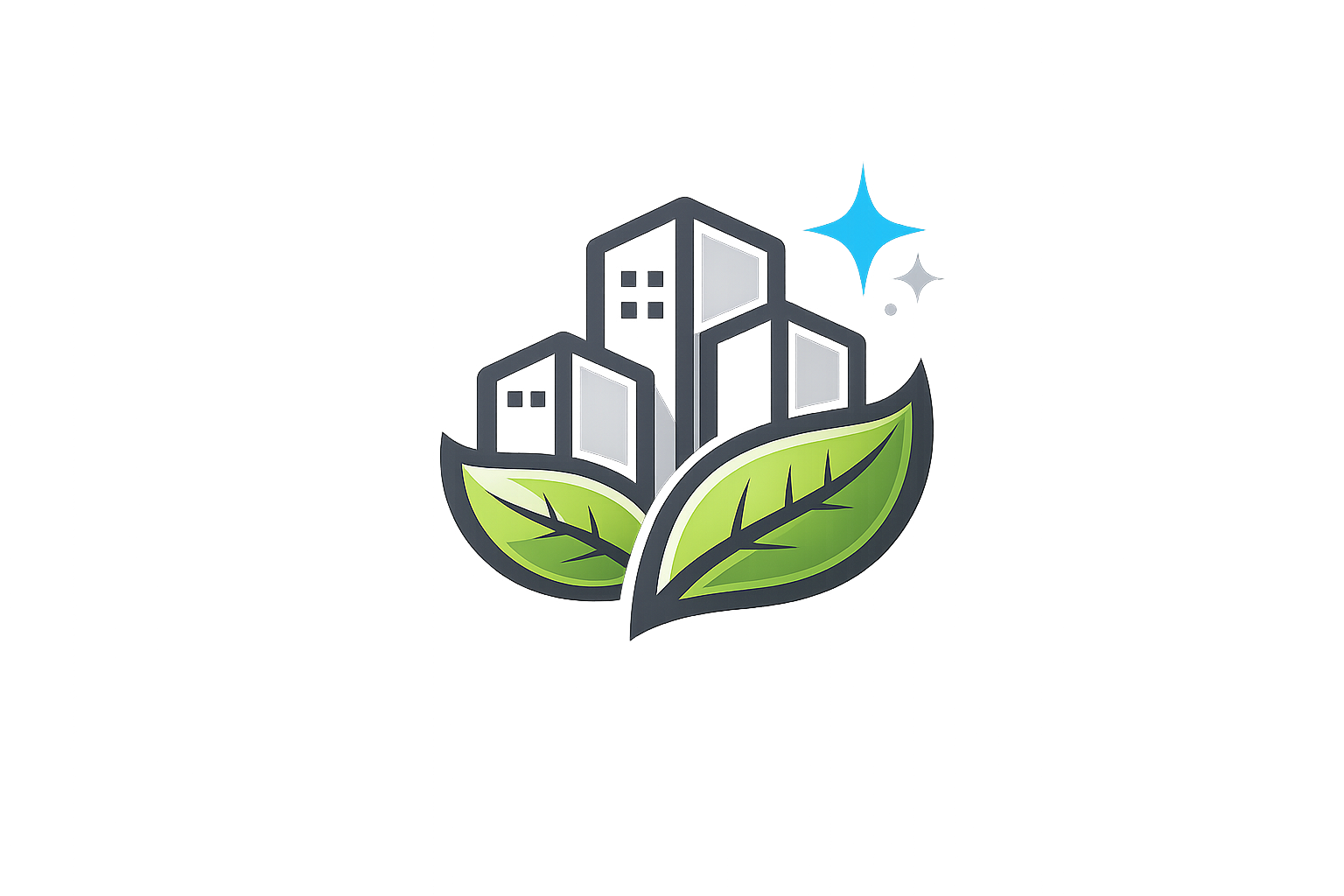 Stylized green city buildings and leaves with blue sparkles, suggesting eco-friendly urban growth