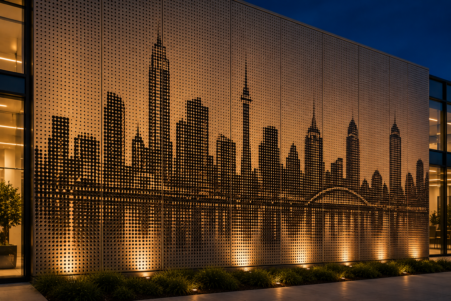 City skyline mural illuminated by warm lights on a perforated metal wall at night