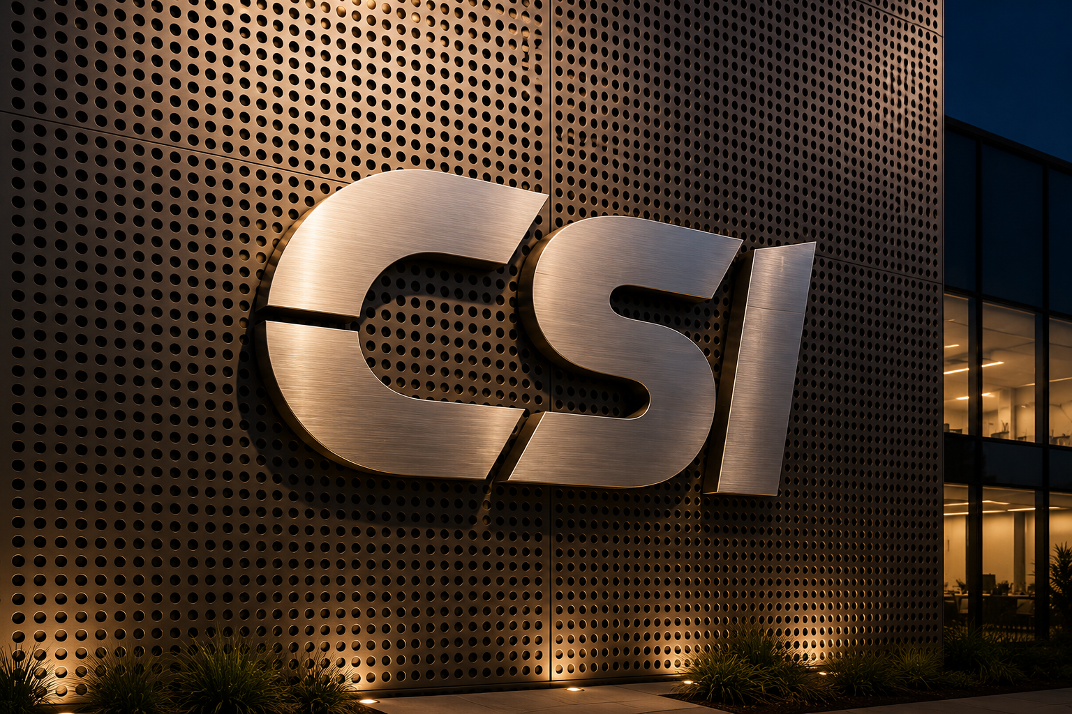CSI logo on a lit perforated wall at dusk