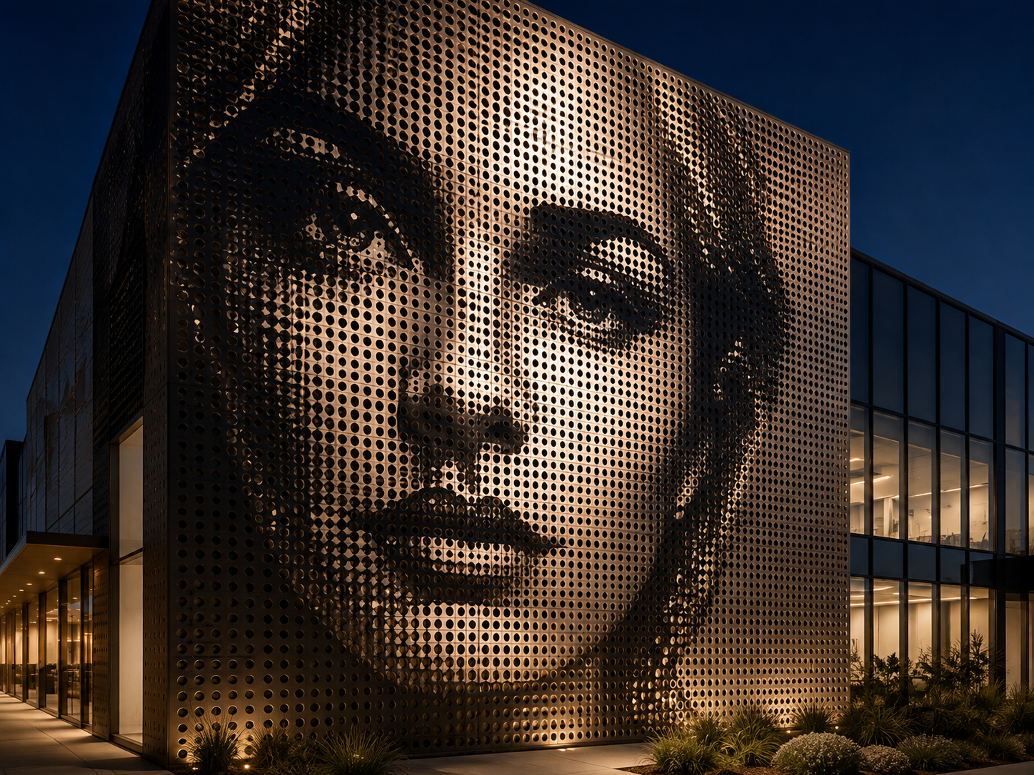 Large building facade with a giant monochrome face mural at dusk