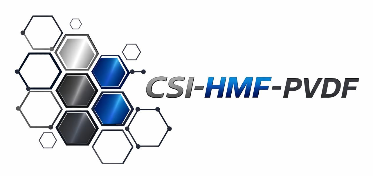 CSI-HMF-PVDF logo with gray and blue hexagons on a white background