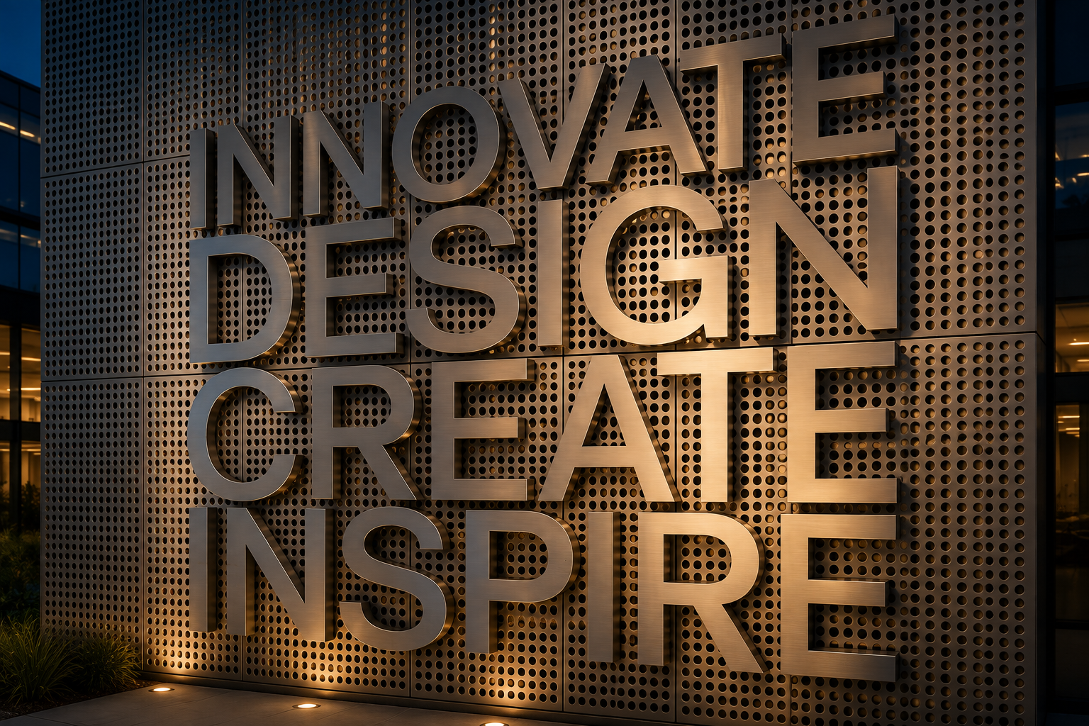 Large wall sign reading “INNOVATE DESIGN CREATE INSPIRE” in lit metal letters at night