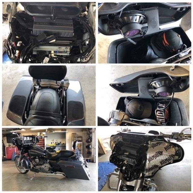 Collage of a motorcycle with large black saddlebag speakers and trunk audio system, shown from multiple angles.