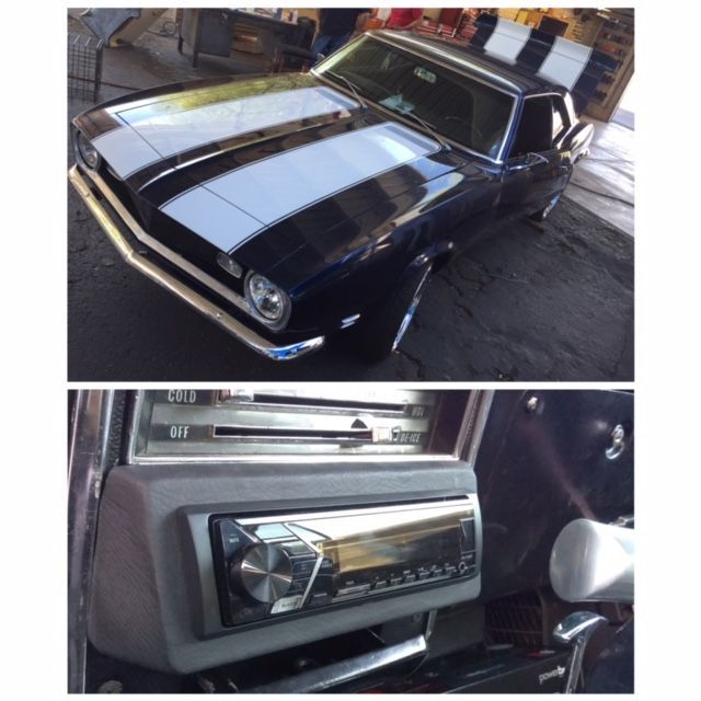 Classic black car with white racing stripes, plus a close-up of its vintage stereo dashboard.