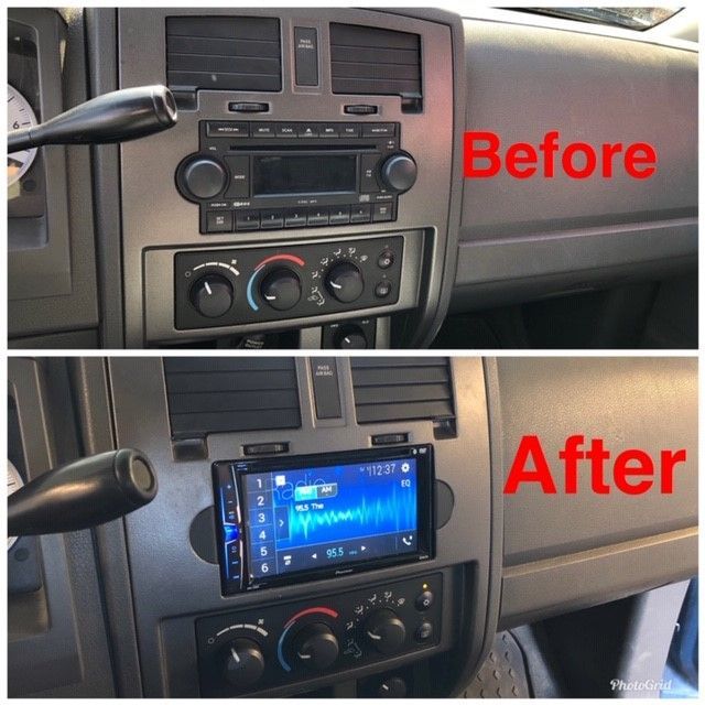 Car dashboard stereo before-and-after: old radio replaced with a blue touchscreen head unit.