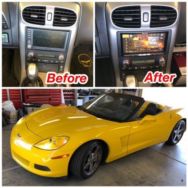 Before-and-after car dashboard upgrade above a yellow sports car in a garage.