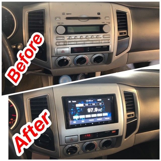 Car dashboard radio before and after upgrade, showing a factory stereo replaced with a touchscreen display.