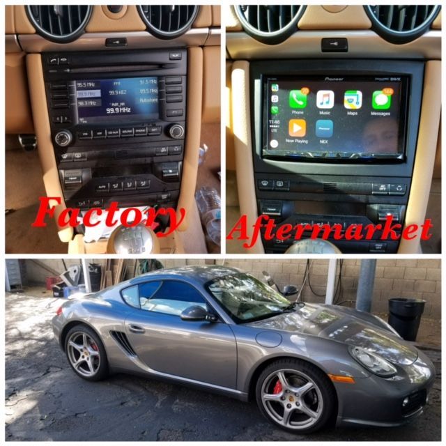 Car dashboard comparison: factory stereo vs aftermarket touchscreen, with a silver sports car below