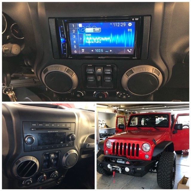 Car dashboard with aftermarket touchscreen stereo and audio controls in a red Jeep interior from multiple angles