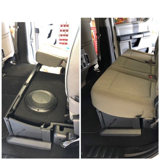 Fold-down rear van seat converted from cargo floor to bench seat, showing both positions.