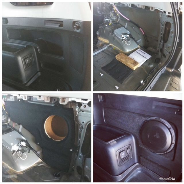 Car door interior showing custom speaker and subwoofer installation in a black panel.