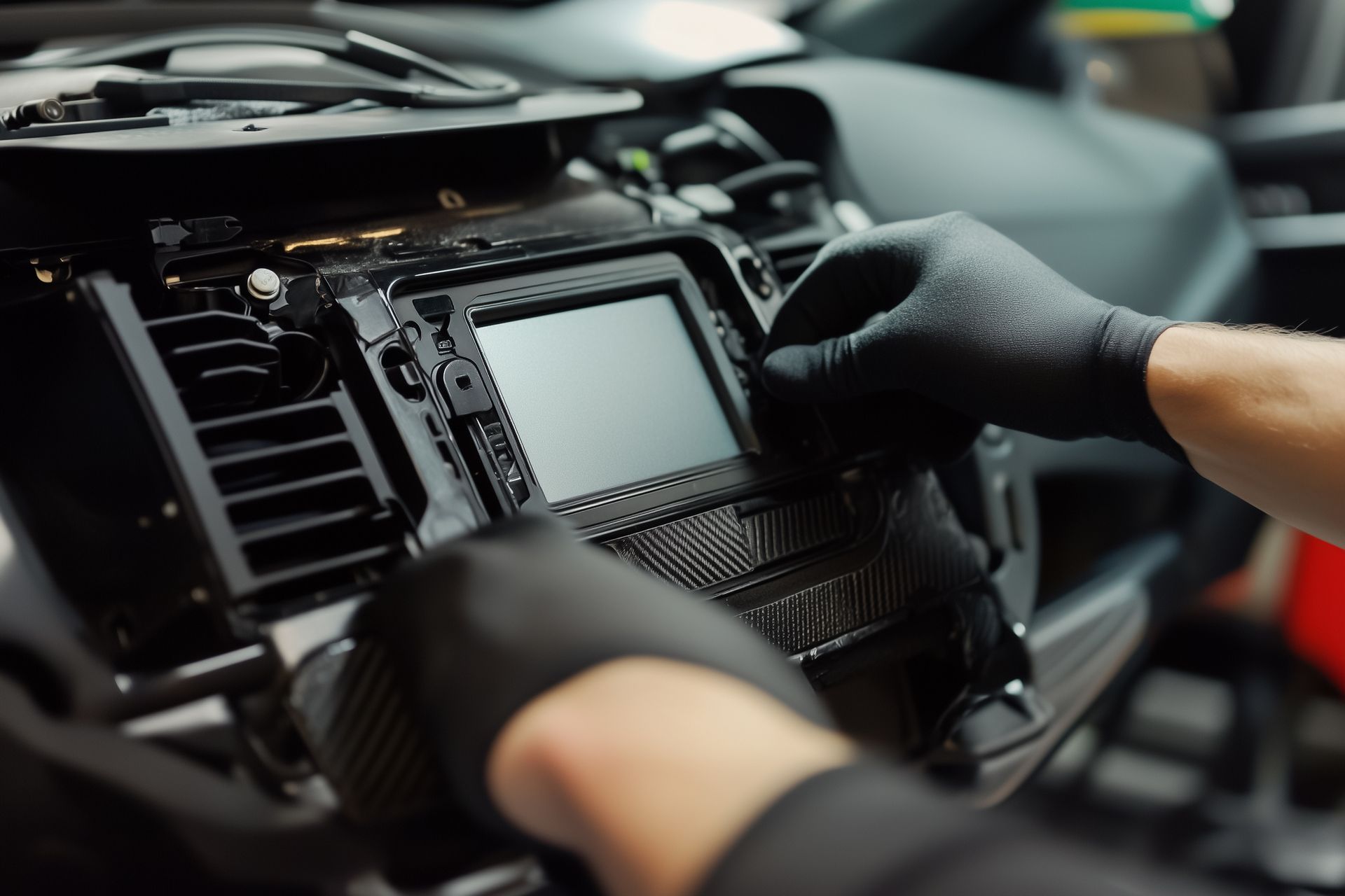 Gloved hands installing a car dashboard touchscreen in a vehicle interior