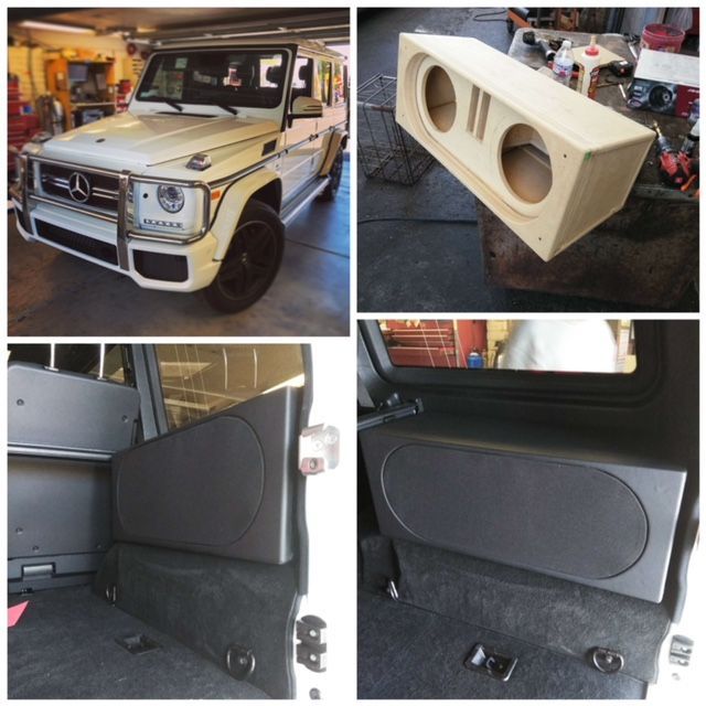Custom white SUV with a beige dual-subwoofer box and speaker panels installed in the rear interior.