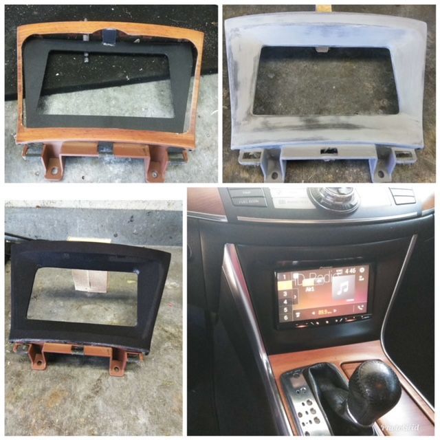 Four-car dashboard trim panels shown in black, tan, and gray, plus a car interior with a touchscreen infotainment display