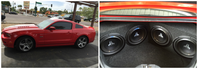 Red sports coupe in a parking lot; inset shows car dashboard with three gauges and red trim.