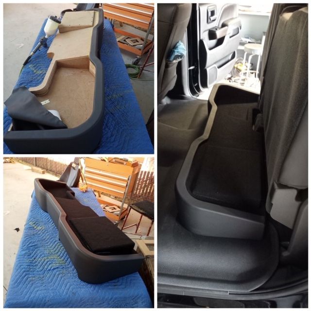 Custom black-and-beige van seat insert shown from multiple angles in a vehicle interior