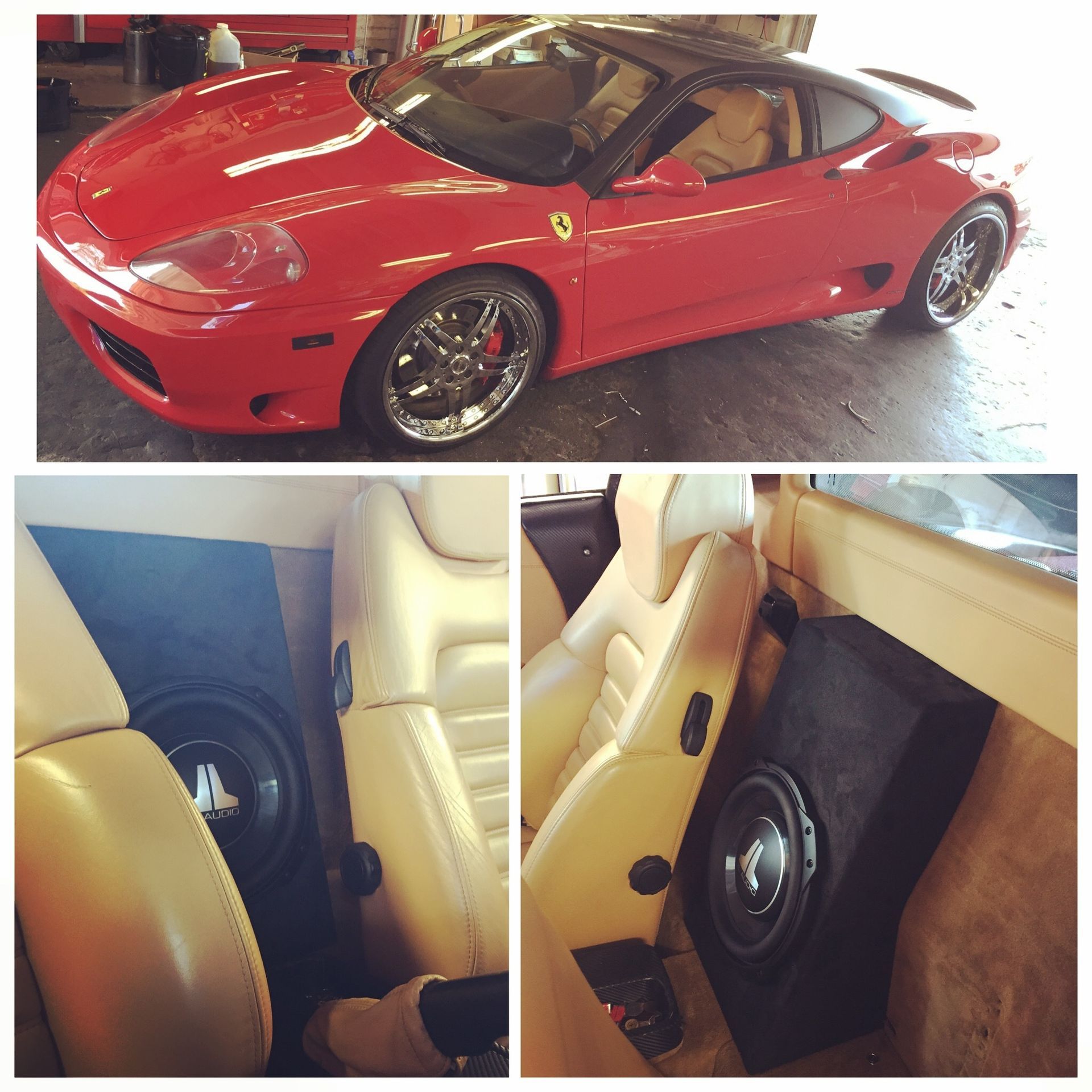 Red sports car with custom subwoofer enclosure installed behind the seats and in the trunk.