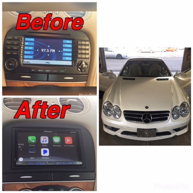 Before-and-after car dashboard upgrade: old stereo replaced with touchscreen CarPlay display, plus front view of white Mercedes.