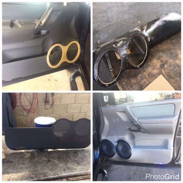 Collage of custom car door speaker pods and enclosure panels in black and tan vinyl