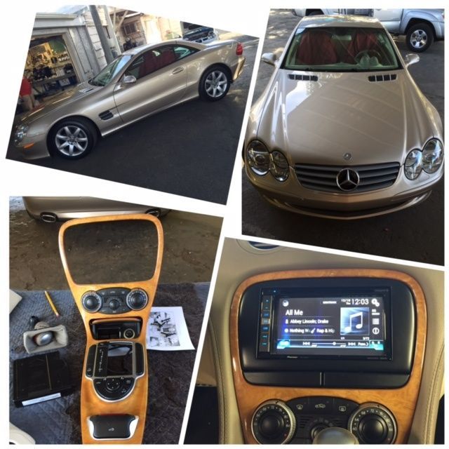 Collage of a beige Mercedes-Benz coupe exterior and tan leather interior with dashboard and center console