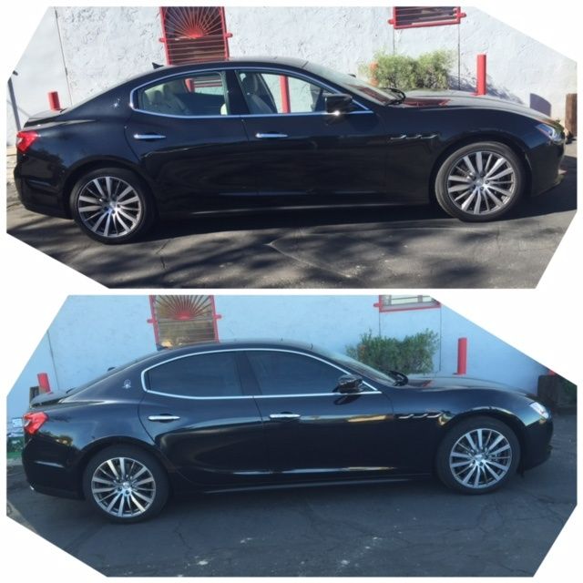 Two side-view photos of a dark blue sedan parked outdoors against a white wall