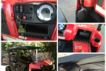 Collage of a red vehicle’s dashboard, steering wheel, and roof/side panels with black accents