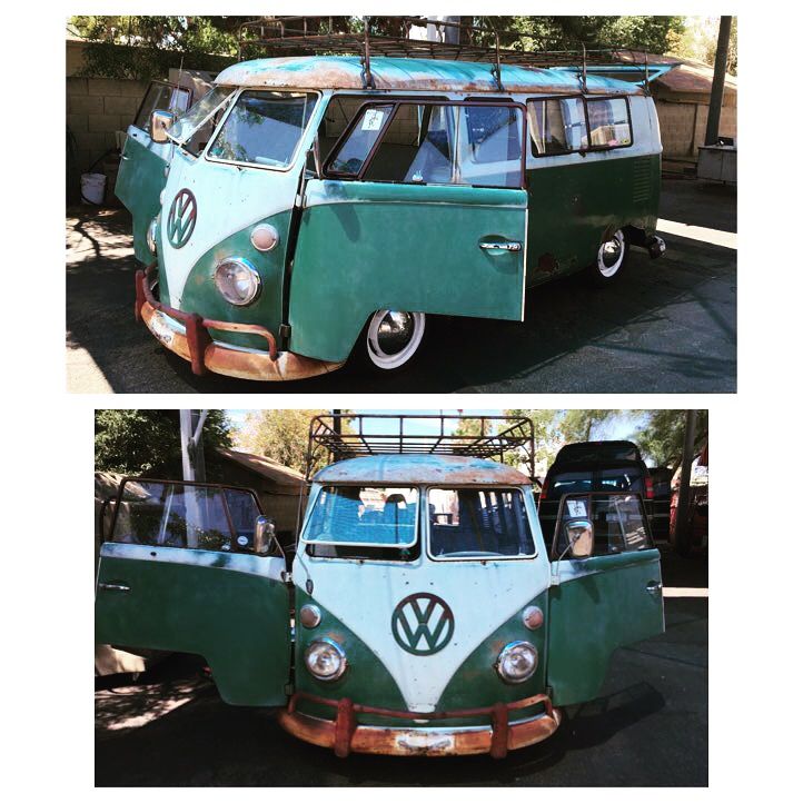 Vintage green Volkswagen van with open doors, shown in two front views outdoors.