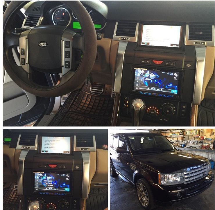 Collage of a black Range Rover interior with dashboard screens and exterior front view.