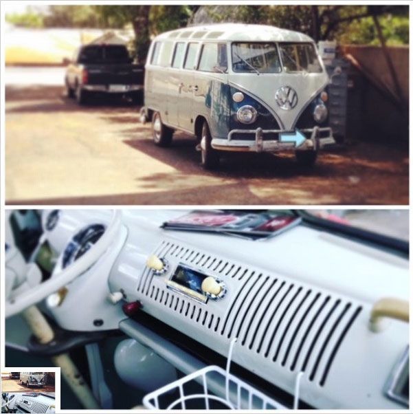 Vintage blue-and-white VW van exterior and dashboard interior with retro radio and striped vents